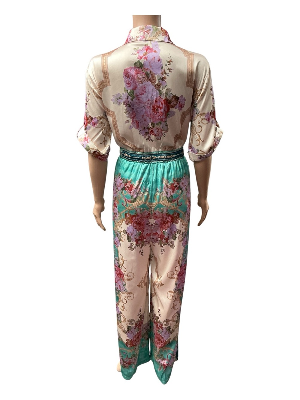 Eden Society - NWT - Floral Satin Shirt Jumpsuit in Teal & Cream - Picture 6 of 6